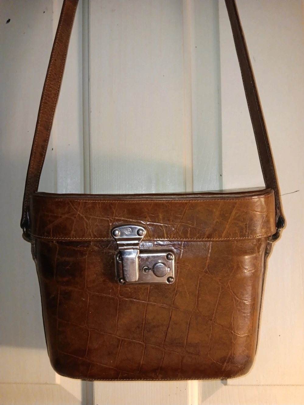 FURLA VINTAGE Brown Leather Croc Embossed Crossbody Bag with Silver Hardware